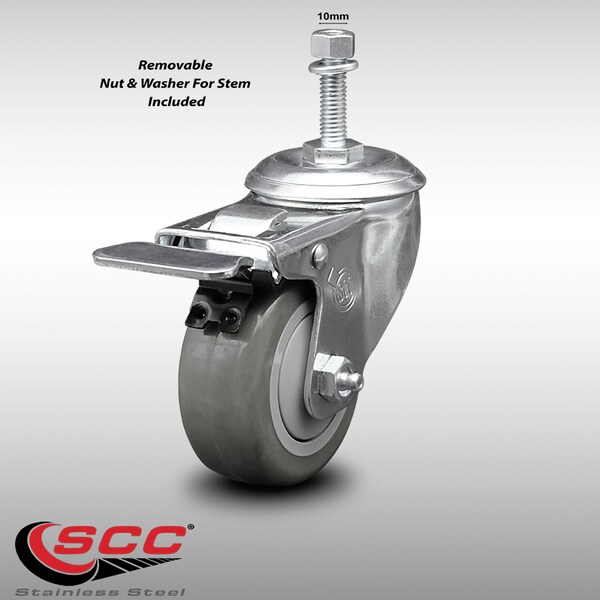 3.5 Inch SS Gray Polyurethane 10mm Threaded Stem Caster Total Lock Brake SCC
